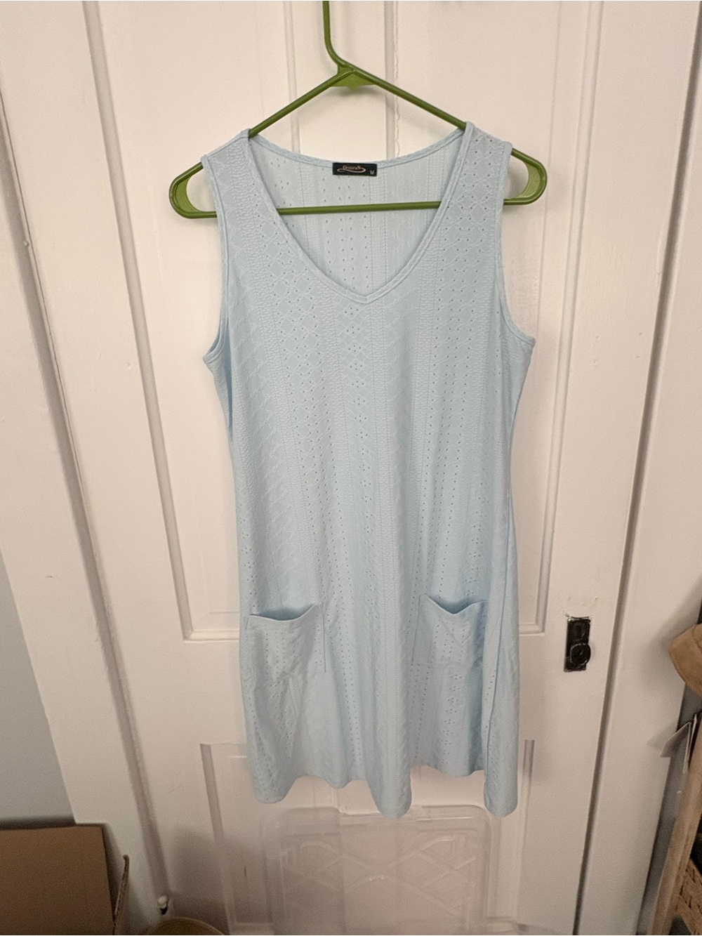 Light Blue Sleeveless V-Neck Mini Dress with Front Pockets